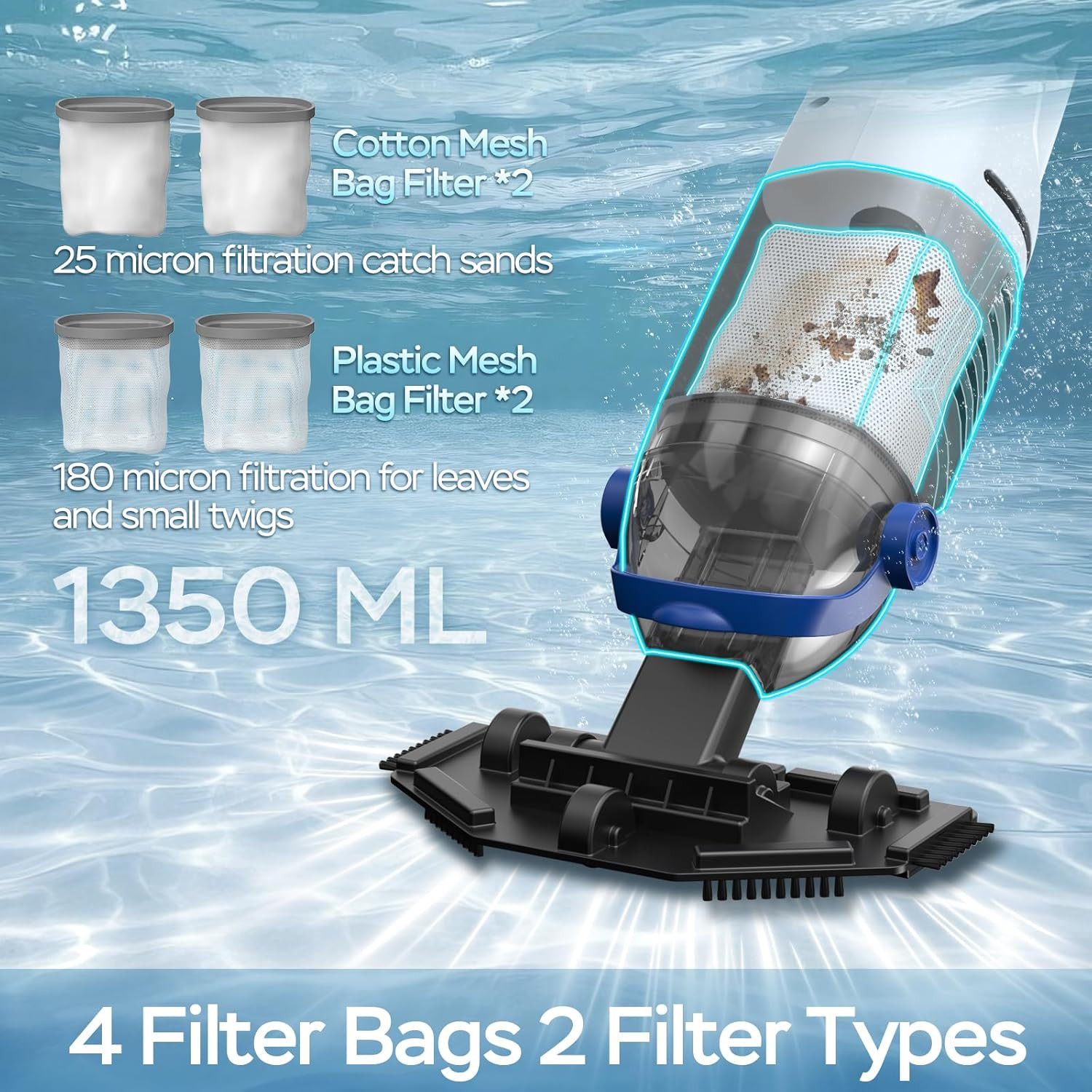 Cordless Pool Vacuum for above Ground Pool, 18.5GPM Enhanced Suction Handheld Po