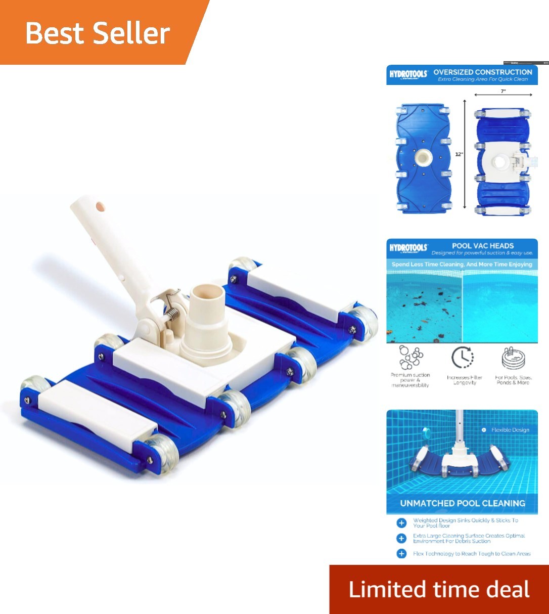 Manual Pool Vacuum Head with Wheels | Hydrotools Adjustable Cleaning & Stability