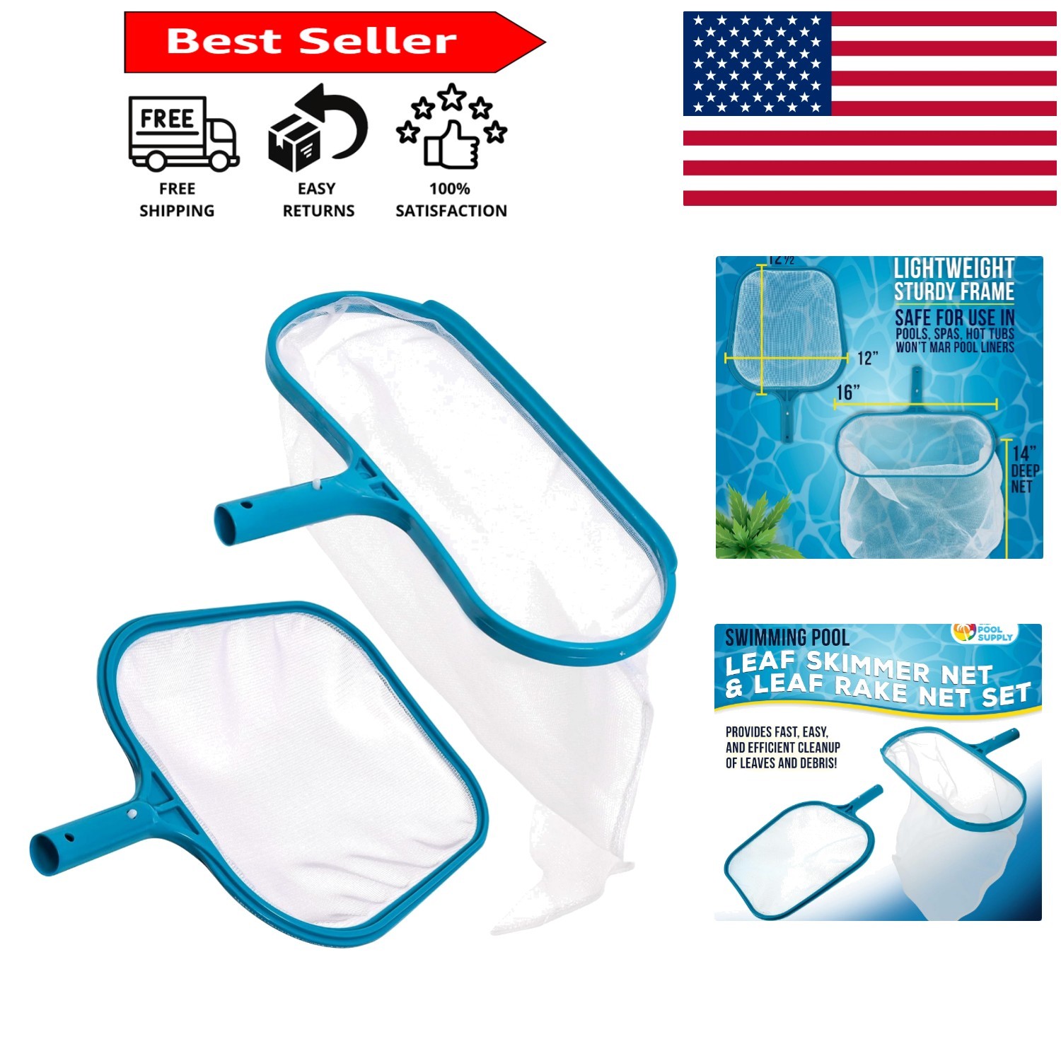 Blue Pool Leaf Skimmer and Rake Combo: Safe for All Pool Types, Easy to Use