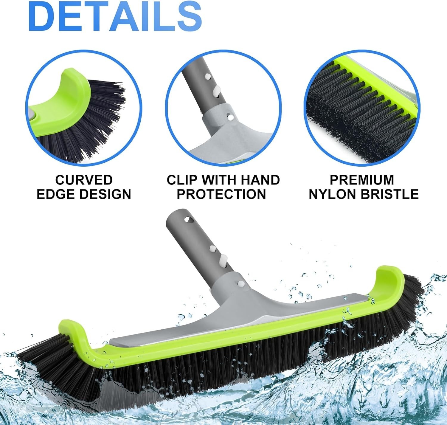 18&Prime; Pool Brush Head for Cleaning Swimming Walls, Curved Ends Scrub Brush Black