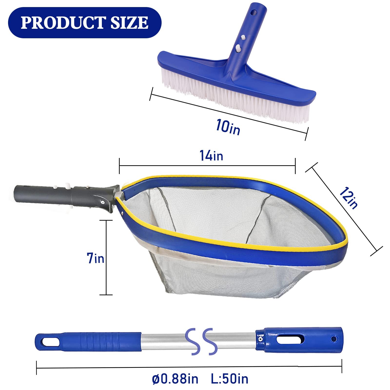Swimming Pool Cleaning Kit with 14&Prime; Brush, 50&Prime; Pole & Fine Mesh Skimmer Net