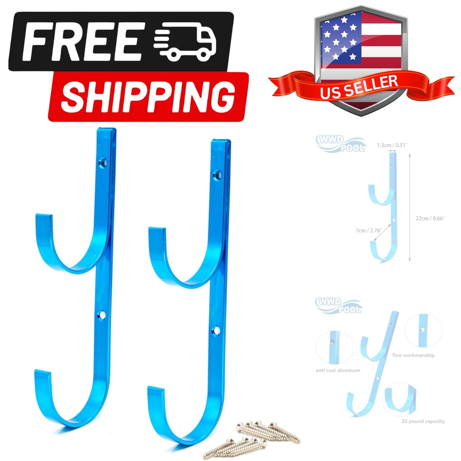 Swimming Pool Aluminum Pole Hanger Set, Blue, 1-Pack 2 Hooks, for Telescoping…