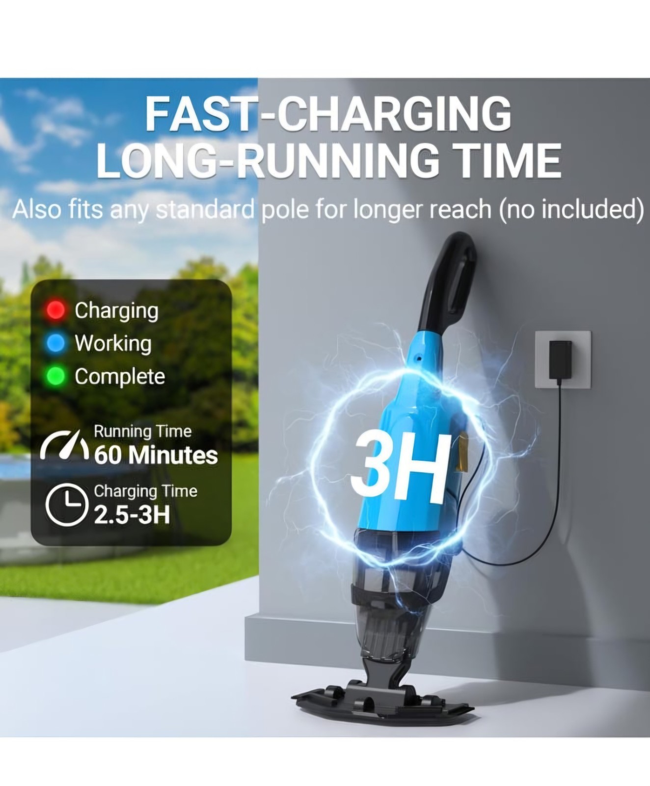 Handheld Pool Vacuum Cordless Rechargeable 60 Min, Charger Floor Brush Pole