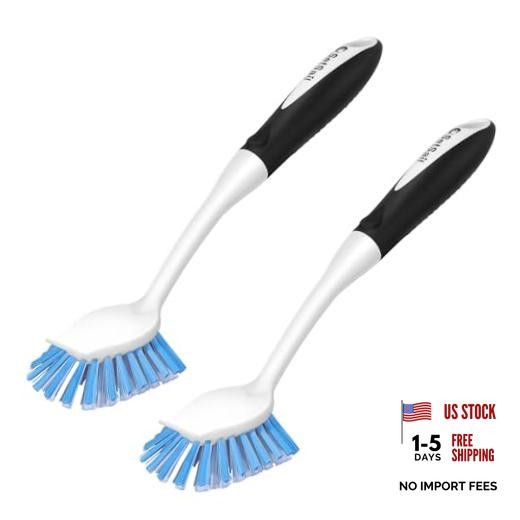 Dish Brush with Handle – 2 Pack Stiff Bristles Dish Scrubber – Black-Blue