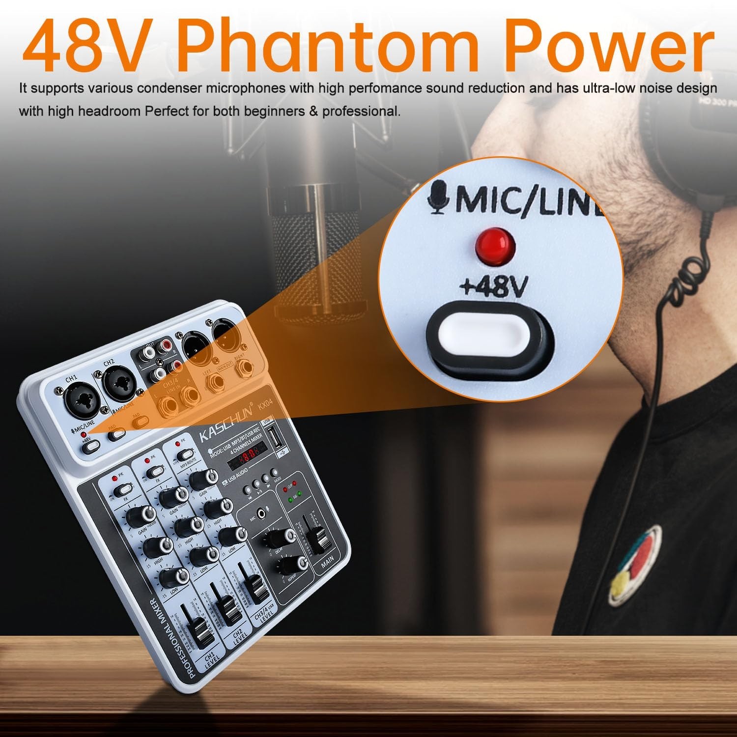 4 Channel DJ Audio Mixer Bluetooth USB MP3 48V Phantom Power Sound Board Console