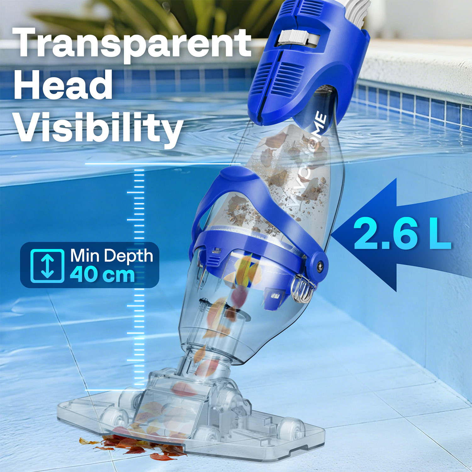 Cordless Pool Vacuum Cleaner 40W Quiet 19GPM 75min Battery 8.2FT Pole 2.6LFilter