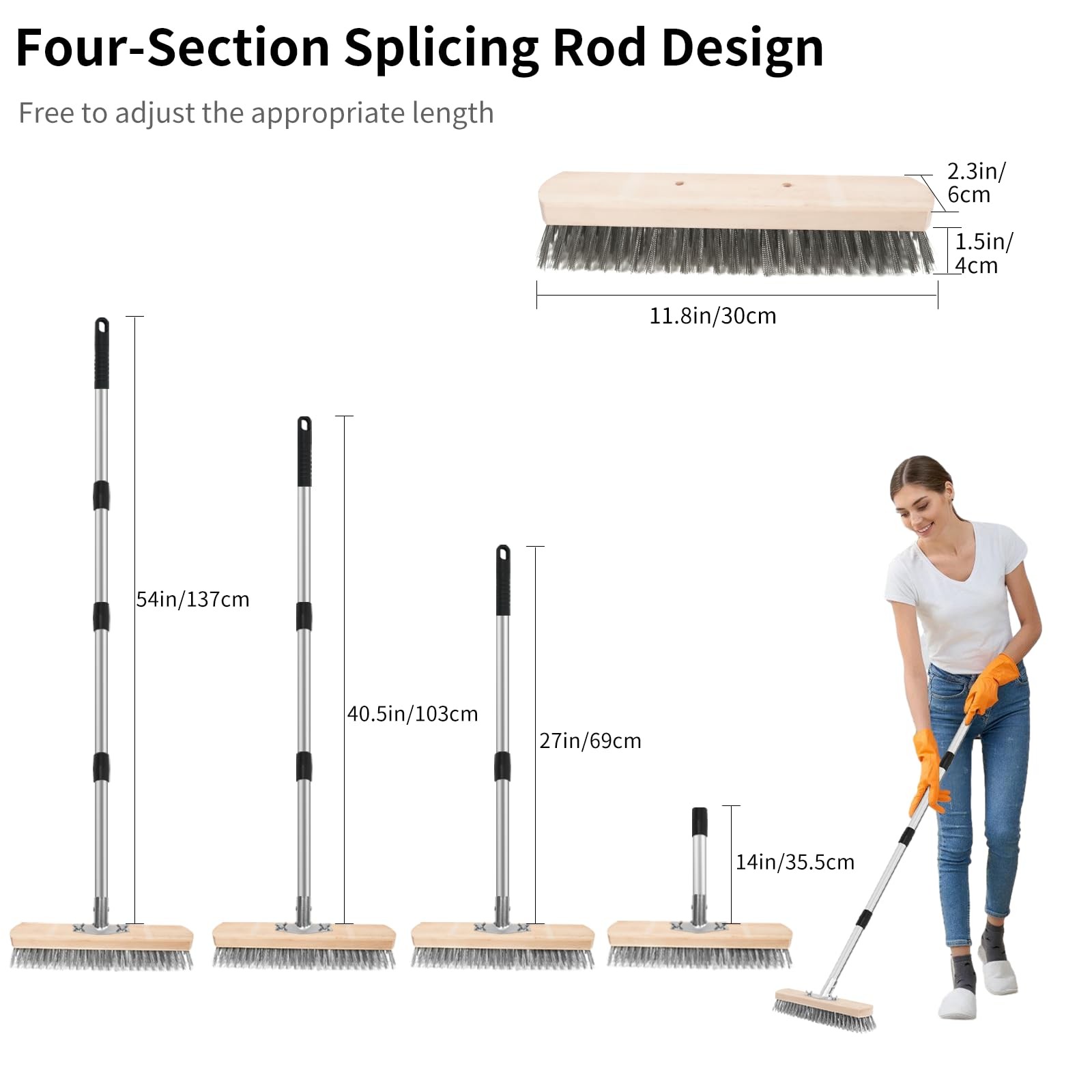 Heavy Duty Stainless Steel Scrub Brush with Long Handle for Concrete & Decks