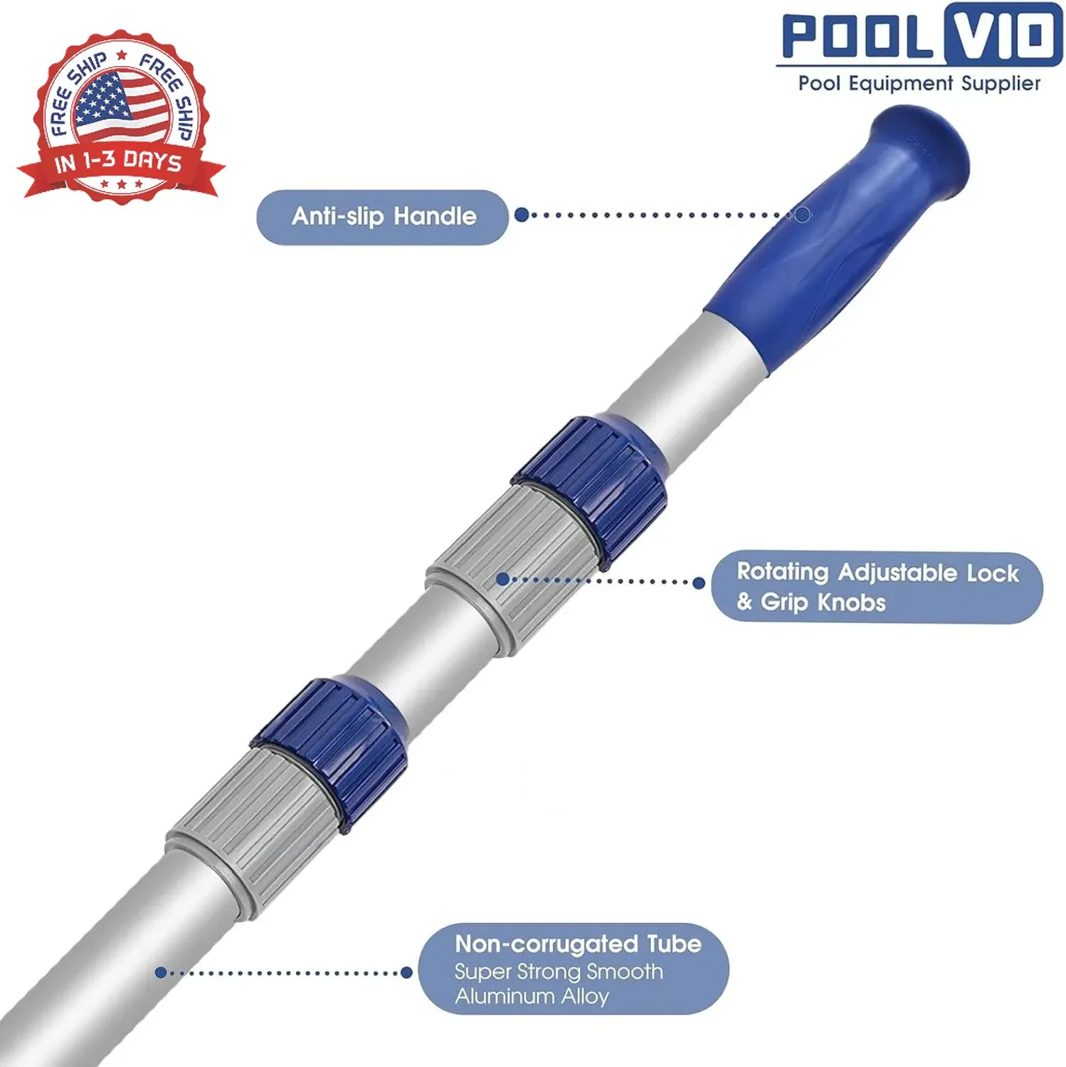 Poolvio 15 FT Telescopic Pool Pole – Adjustable 3 Piece Aluminum Pool Skimmer Po