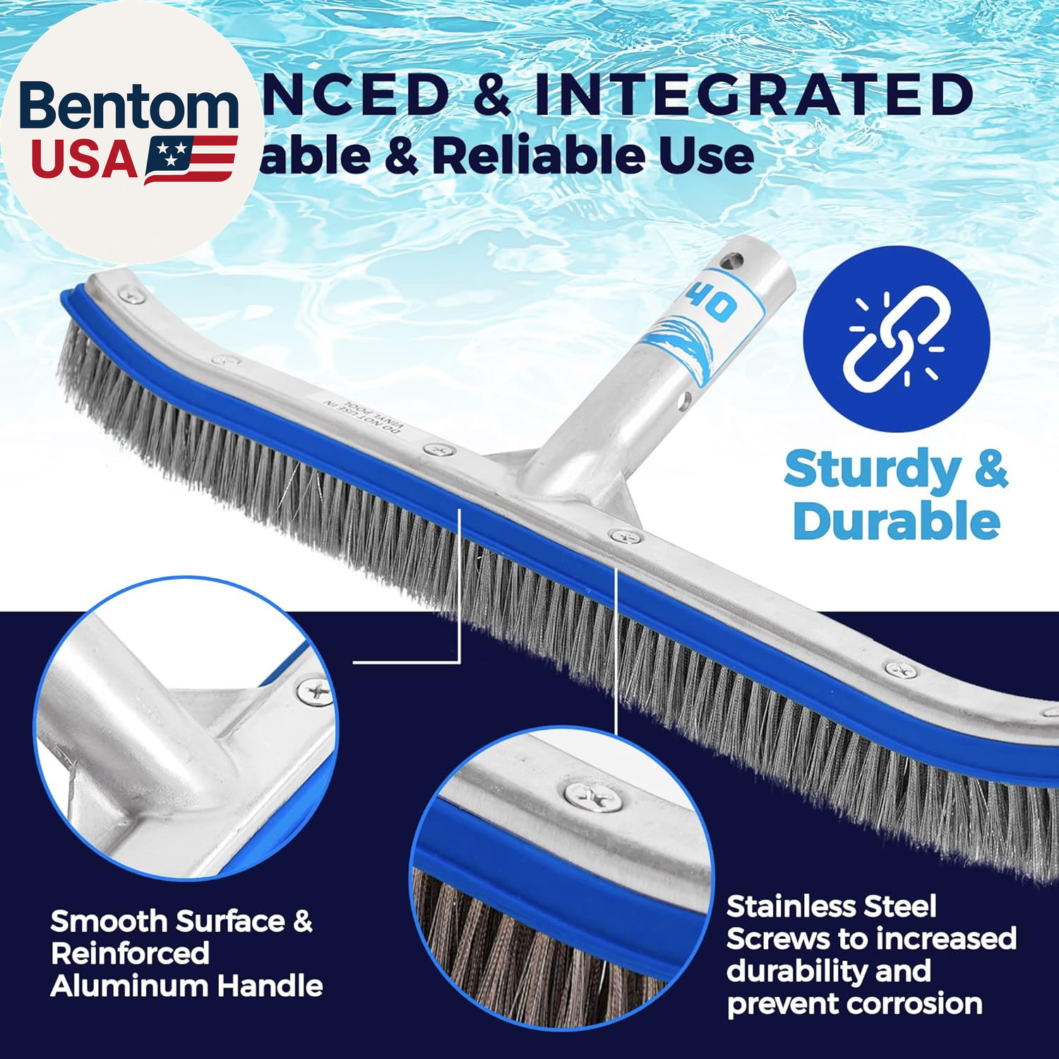 Heavy Duty Pool Brush – 18-Inch Extra-Wide Metal Brush Head with Stainless Steel