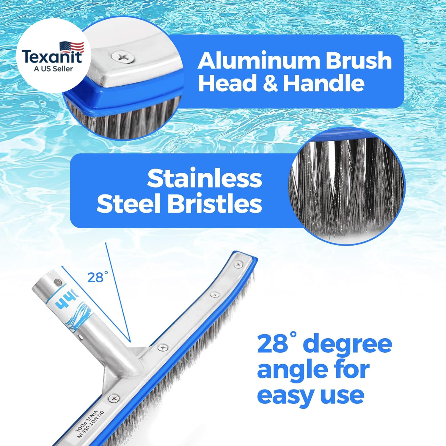 Heavy Duty Pool Brush – 18-Inch Extra-Wide Metal Brush Head with Stainless Steel