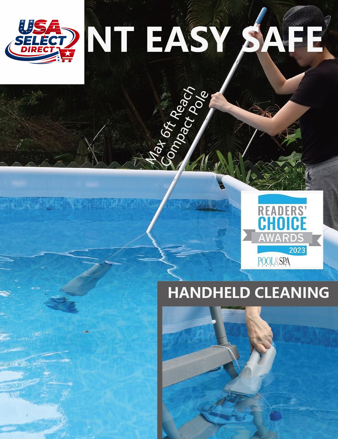 Cordless Handheld Pool Vacuum with 6Ft Pole & 2 Brush Heads