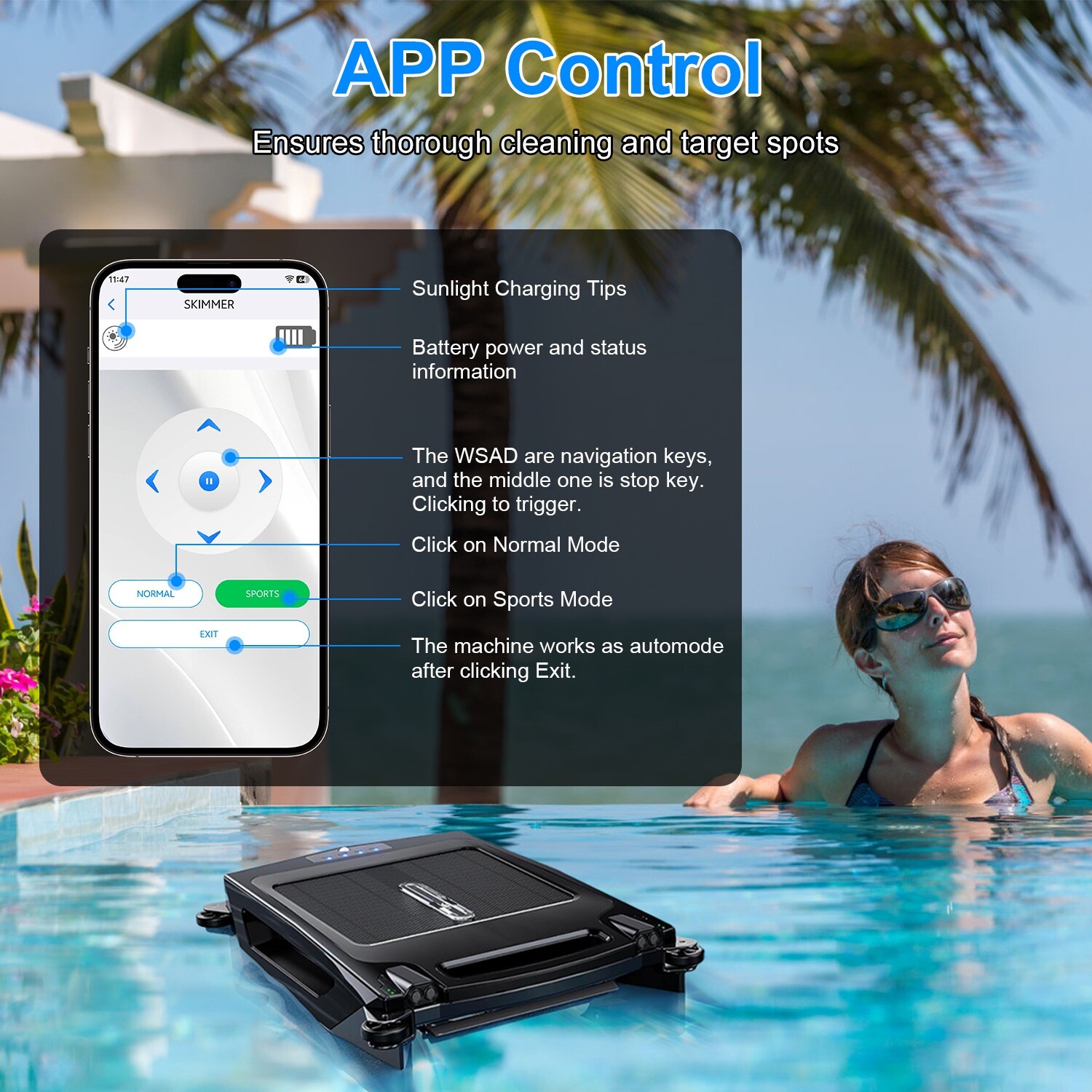 Solar Powered Robotic Pool Skimmer Automatic Swimming Pool Surface Cleaner IPX7