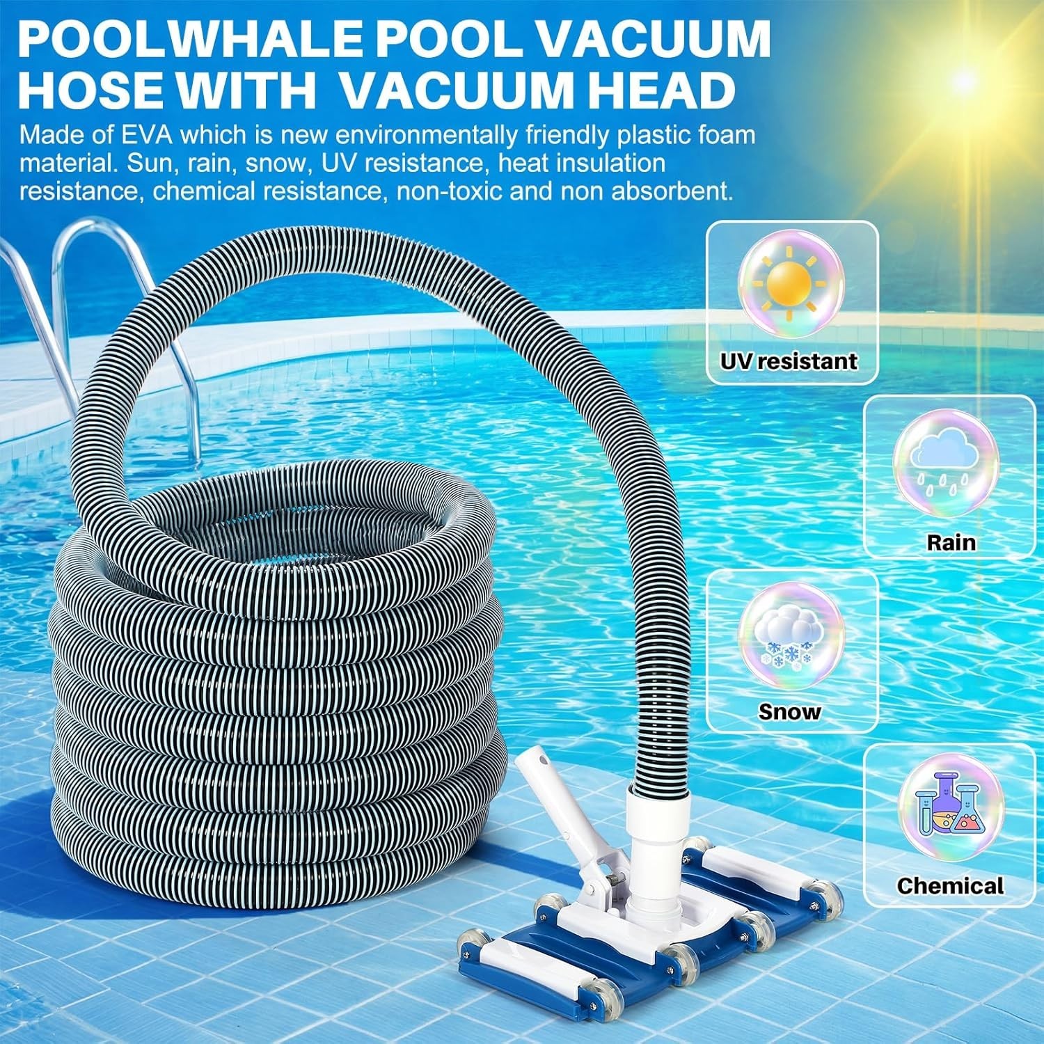 3 Pcs Pool Cleaning Kit 14&Prime; Vacuum Head with Flexible Wheels, 1-1/2 x 18ft Hoses
