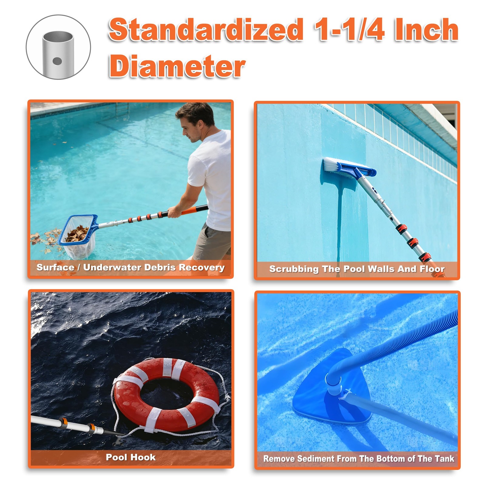 Telescopic Pool Pole 416 FT with 4 Baffle Locks for Cleaning Nets and Brushes