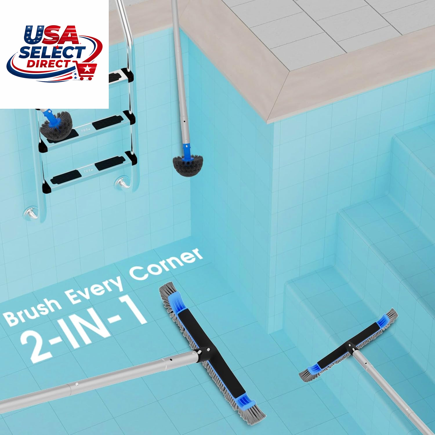 2 in 1 Multifunctional Pool Brush with 10 FT Poles – 17.5 » Heavy Duty Swimming