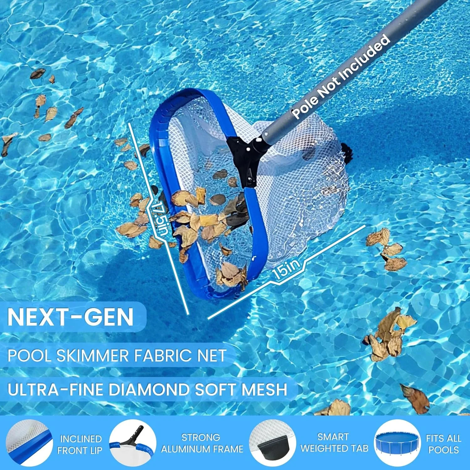 Poolvio 17.5&Prime; Pool Net – Heavy Duty Leaf Net with Aluminum Frame with Diamond-Pa