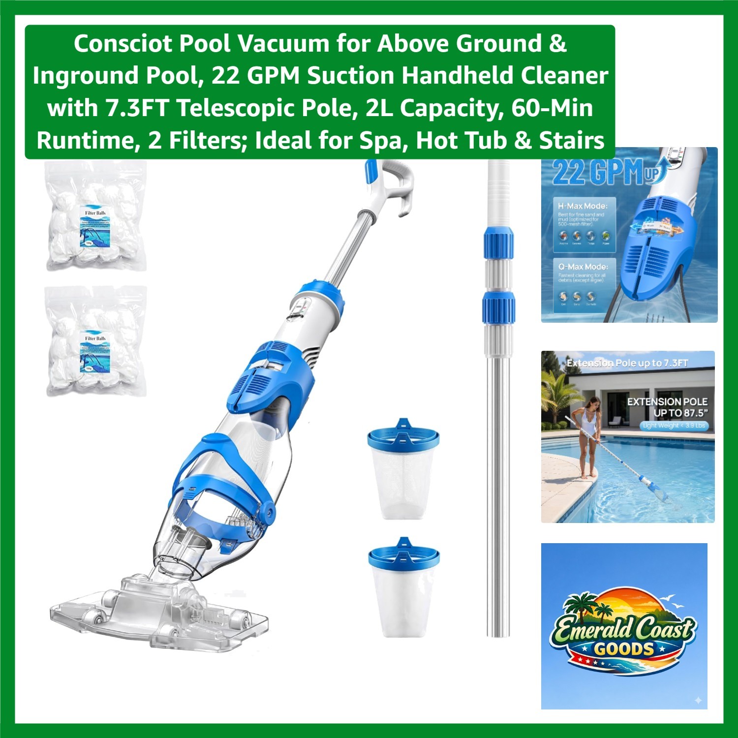 22 GPM Pool Vacuum with 60-Min Runtime & 7.3FT Telescopic Pole