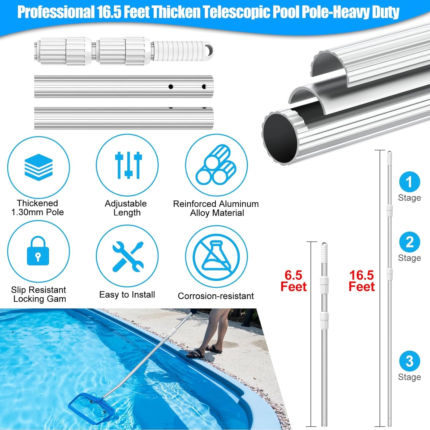 16.5 Feet Pool Pole Heavy Duty Aluminum Adjustable 6.516.5 Feet