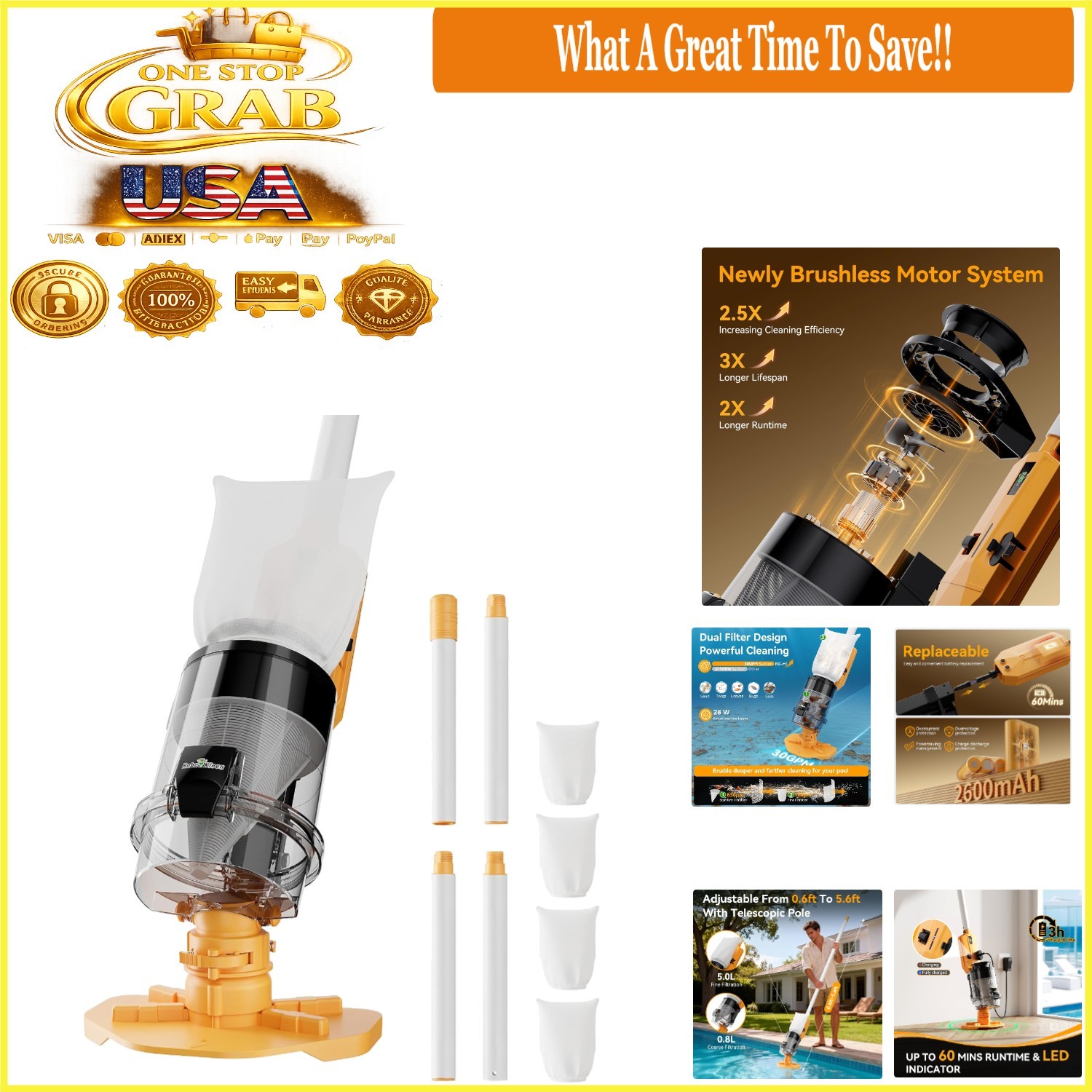 Cordless Pool Vacuum Handheld with Telescopic Pole 30 GPM Suction Rechargeabl…