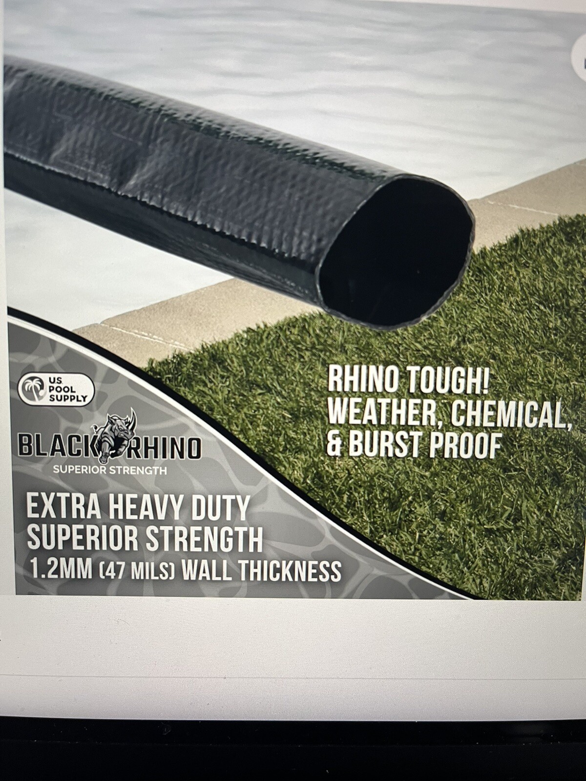 Pool Backwash Hose Black Rhino 2”x 25’ Heavy Duty Reinforced w Clamp Brand New!