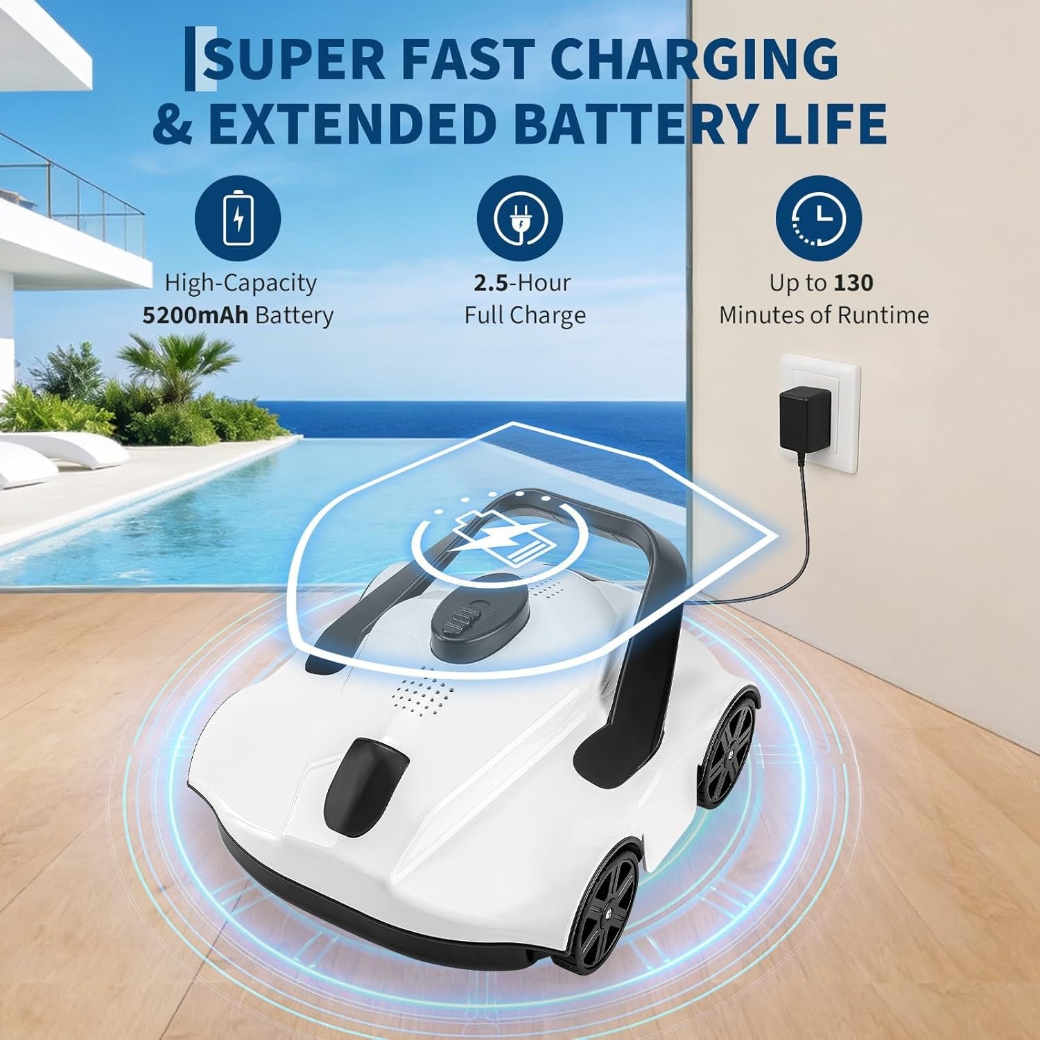 Battery Powered Pool Vacuum Robot 130Min Runtime for Above Ground Pools 860Sq.Ft