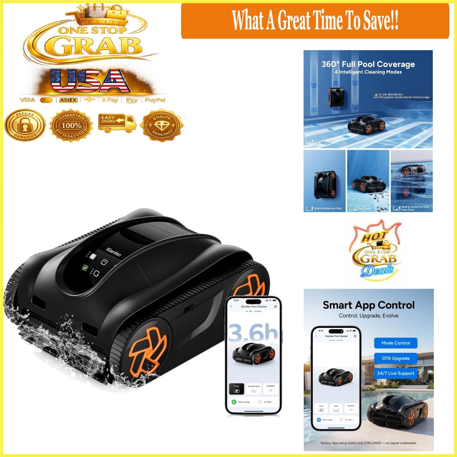 4-in-1 Cordless Robotic Pool Cleaner AI Control Self-Park Black