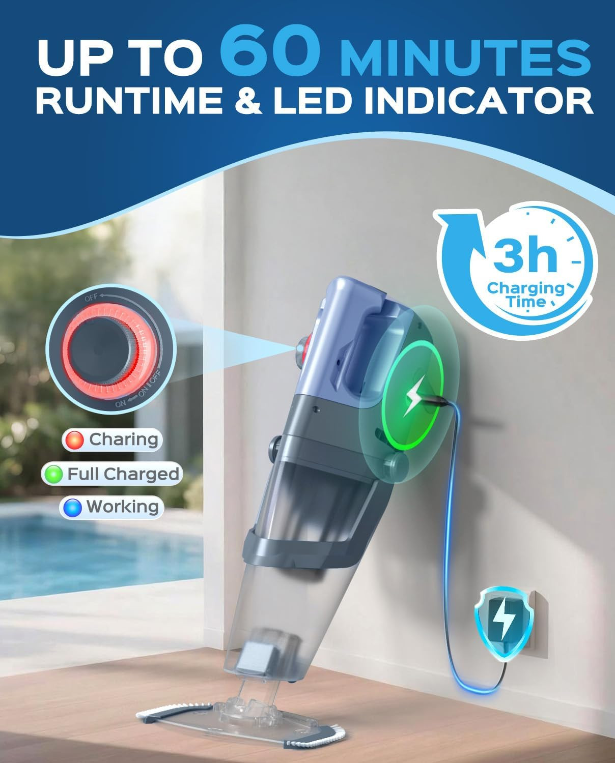 Cordless Handheld Pool Vacuum Cleaner with Telescopic Pole, 26.5 GPM Powerful Su