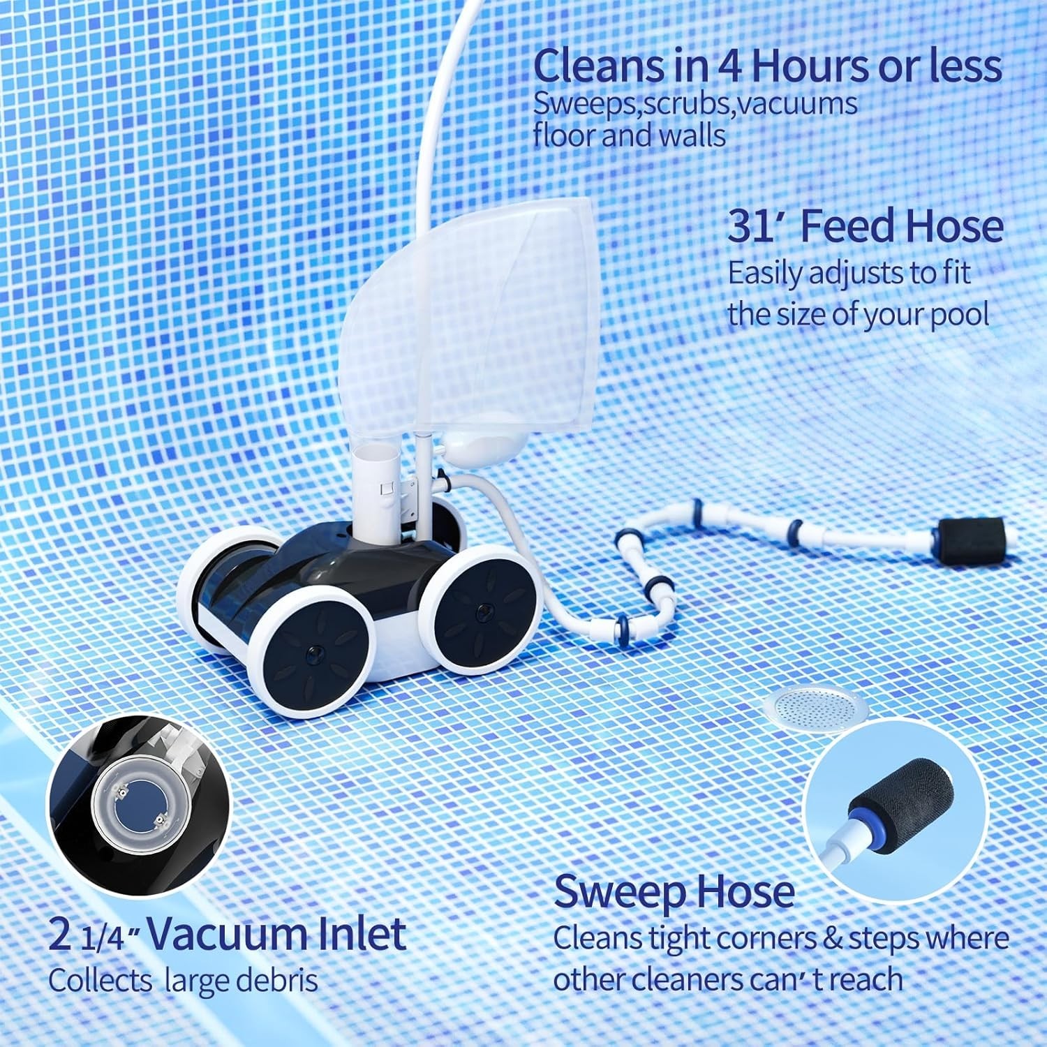 Upgrade Pool Pressure Side Sweeper Four Wheels Hydraulic Pool Cleaner Black &…