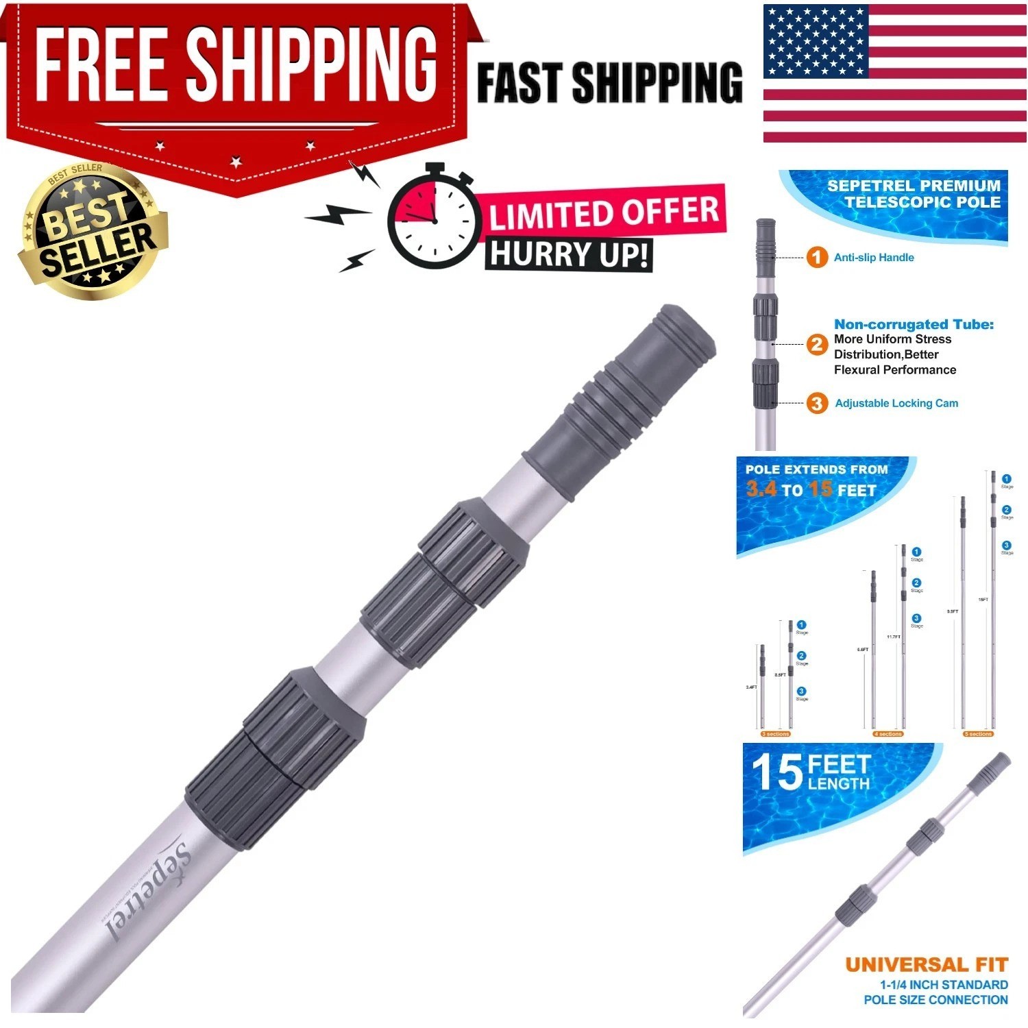 Professional 15-Foot Adjustable Pool Pole – Durable Aluminum Cleaning Tool