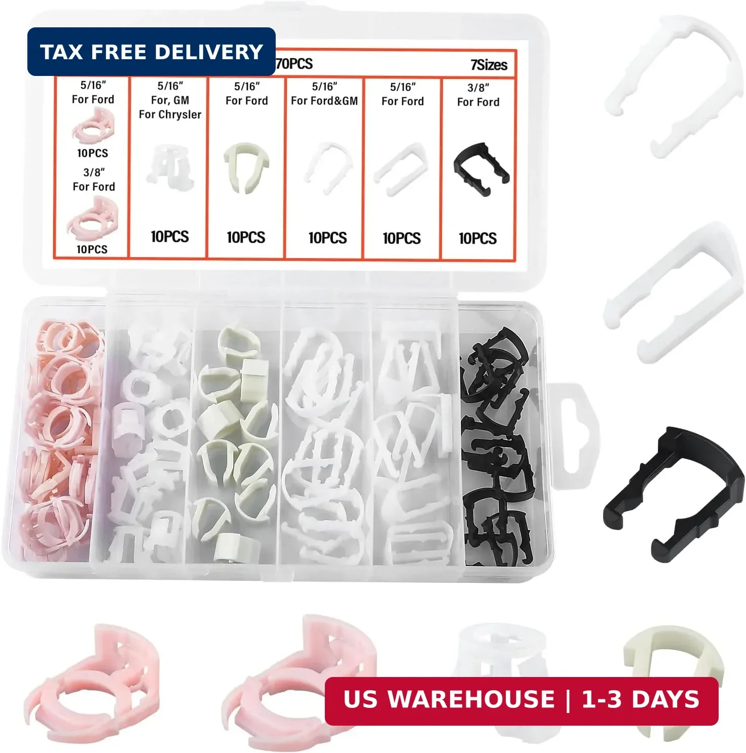 70PCS Fuel Line Clips Replacement Kit,7 Size Includes 5/16&Prime; & 3/8&Prime; Fuel Line Cla