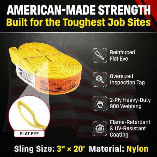 DD Sling 3 Inch x 20 Foot Nylon Lifting Sling – USA Made, 8,900 lb Vertical,