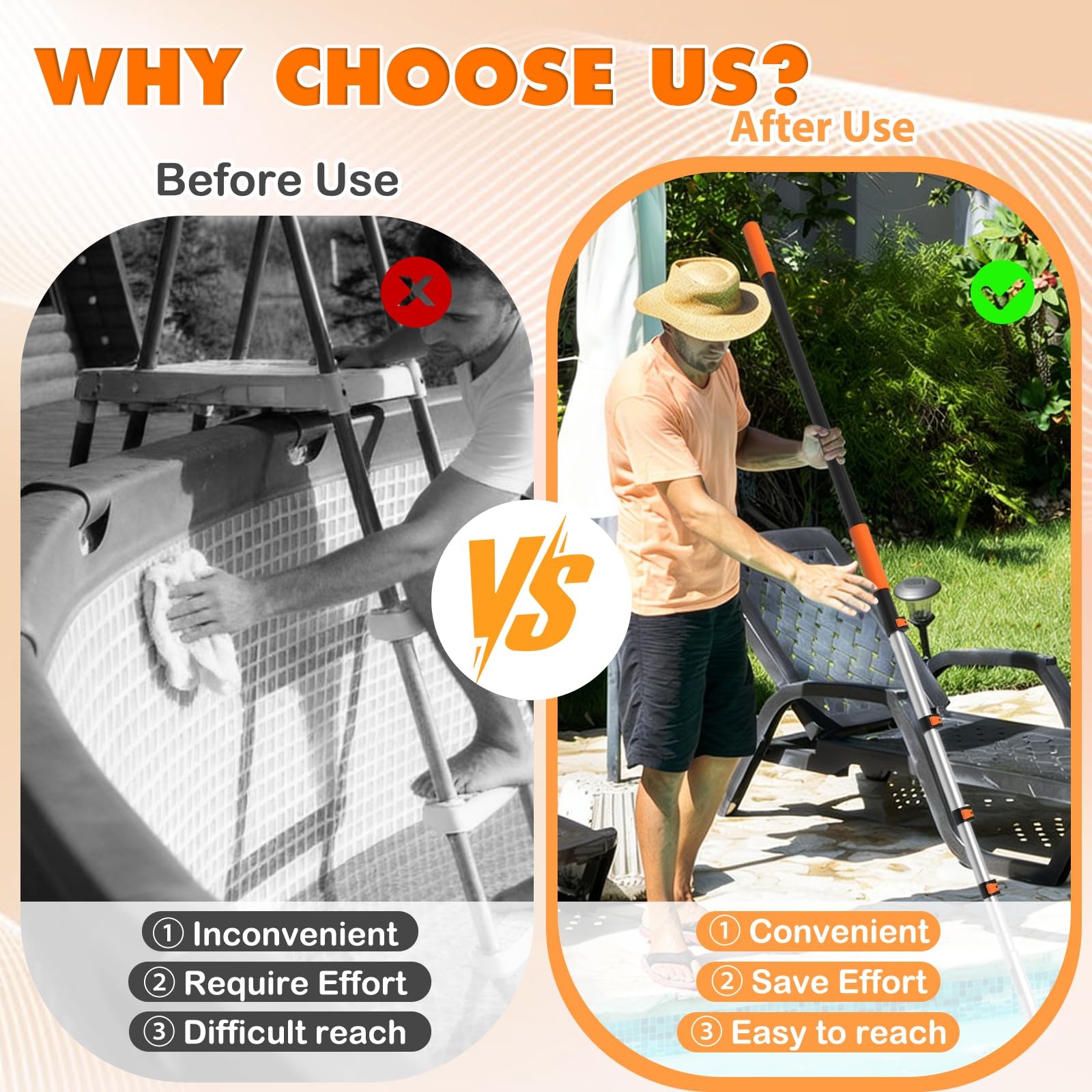16ft Telescopic Pool Pole, Heavy Duty Adjustable Cleaning Tool for Skimmers &
