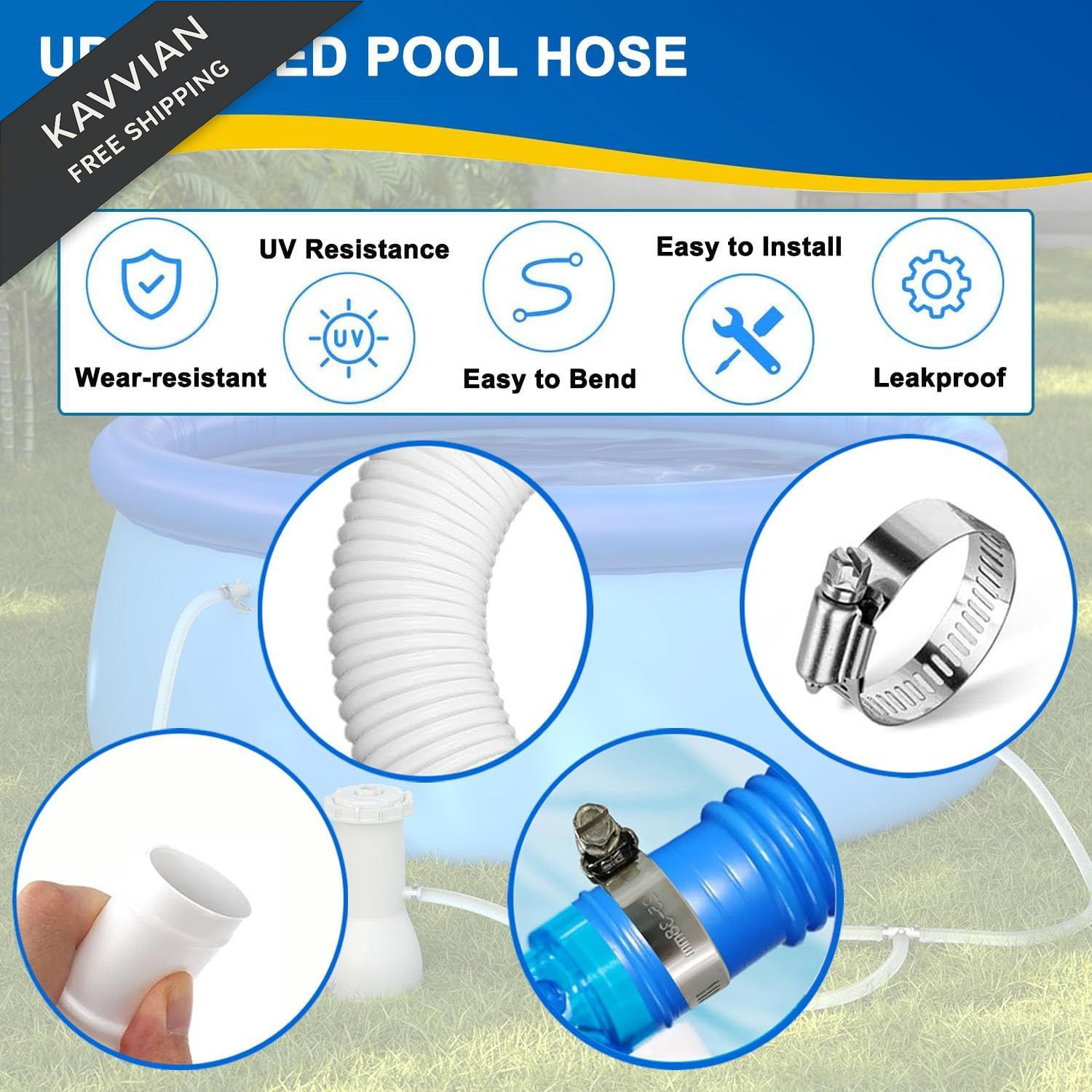 Qloby 2 Pack 1.25&Prime; x 59&Prime; Pool Hoses for Above Ground x 59&Prime;, White