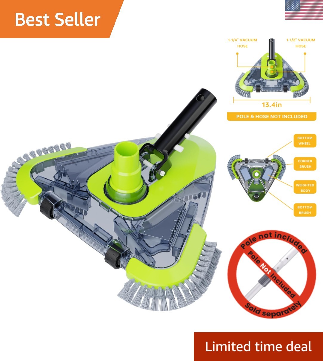 Weighted Triangular Pool Vacuum with Non-Slip Wheels for Inground/Above Ground