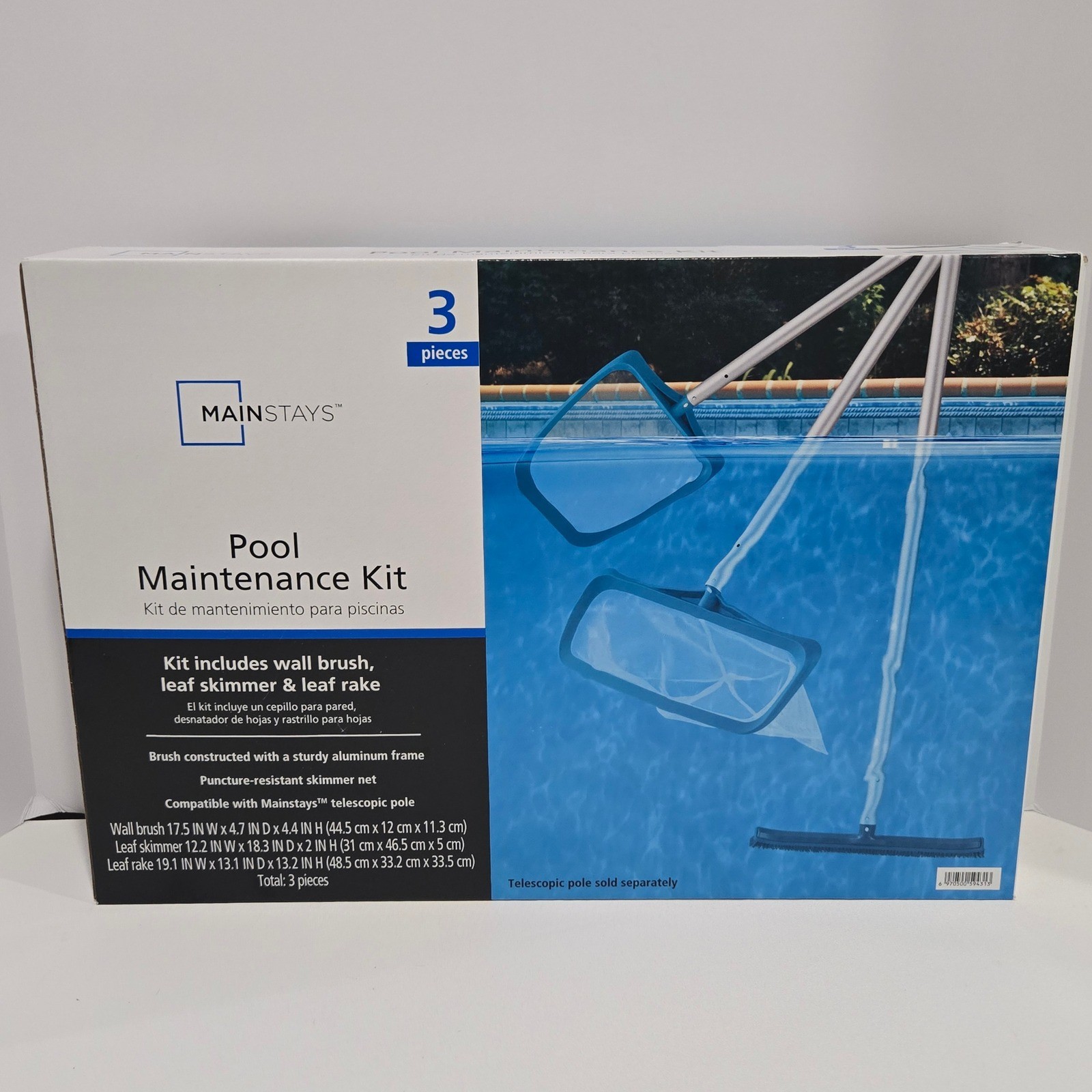 Mainstays Pool Maintenance Kit 3 Piece Wall Brush Leaf Skimmer Rake