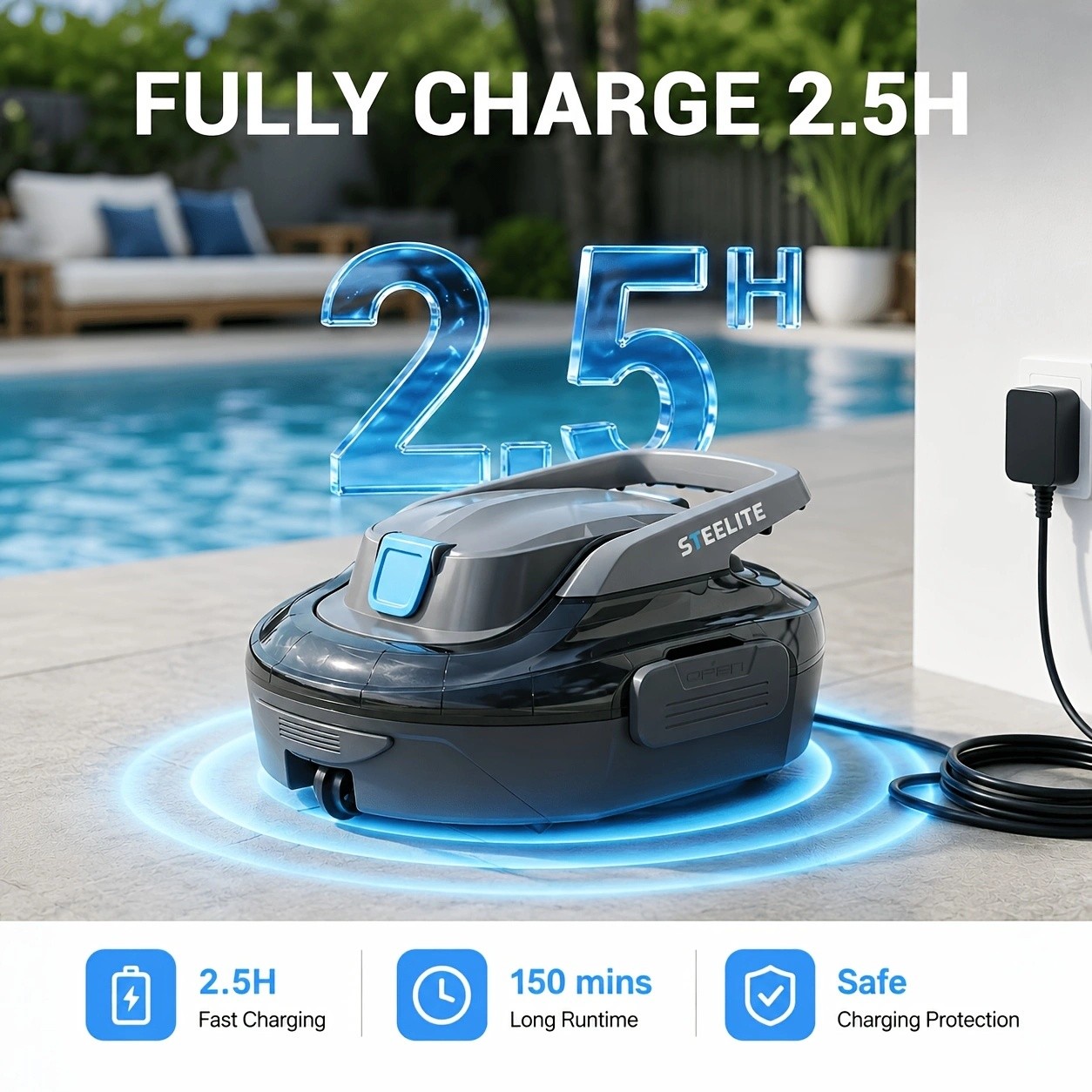 Deli Steelite Cordless Robotic Pool Cleaner Vacuum with Dual Filter Self-Parking