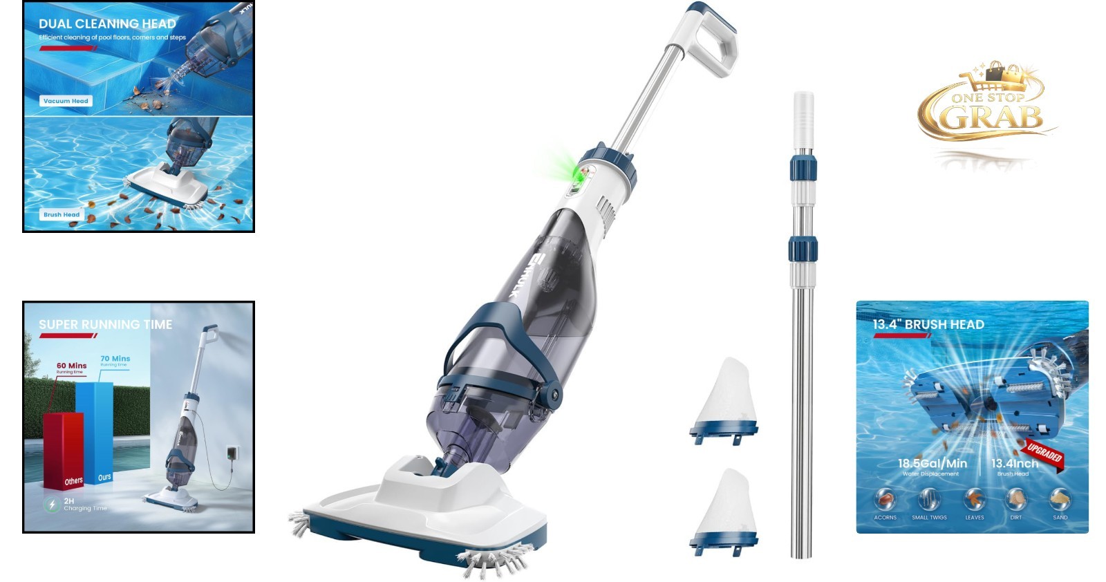 Pro Cordless Pool Vacuum Powerful 18.5 GPM 70 Min Runtime Blue
