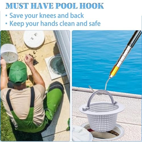 Extendable Pool Skimmer Basket Hook Pole Up to 63 Inch – Stainless Steel