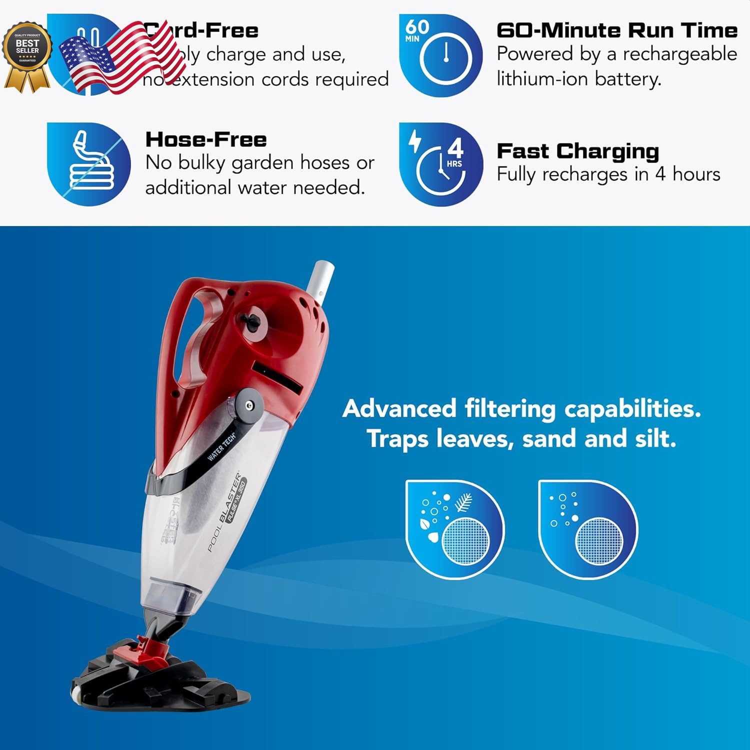 POOL BLASTER Pulse XL 350 Cordless Pool Vacuum, up to 60 Min Runtime XL Capa