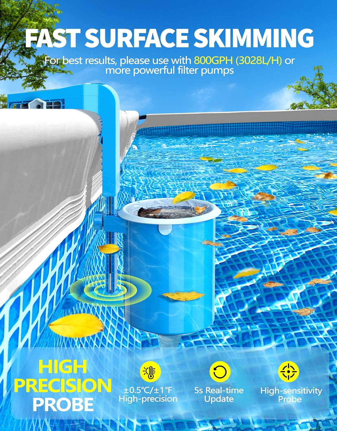above Ground Pool Skimmer with Solar Digital Thermometer | Wall Mount Surface Sk