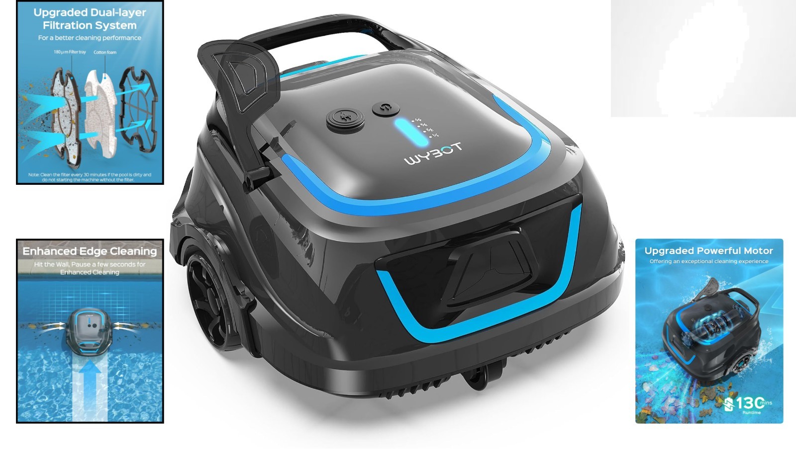 A1 Robotic Pool Vacuum – Dual-Layer Filtration, 130-Min Runtime, Klein Blue