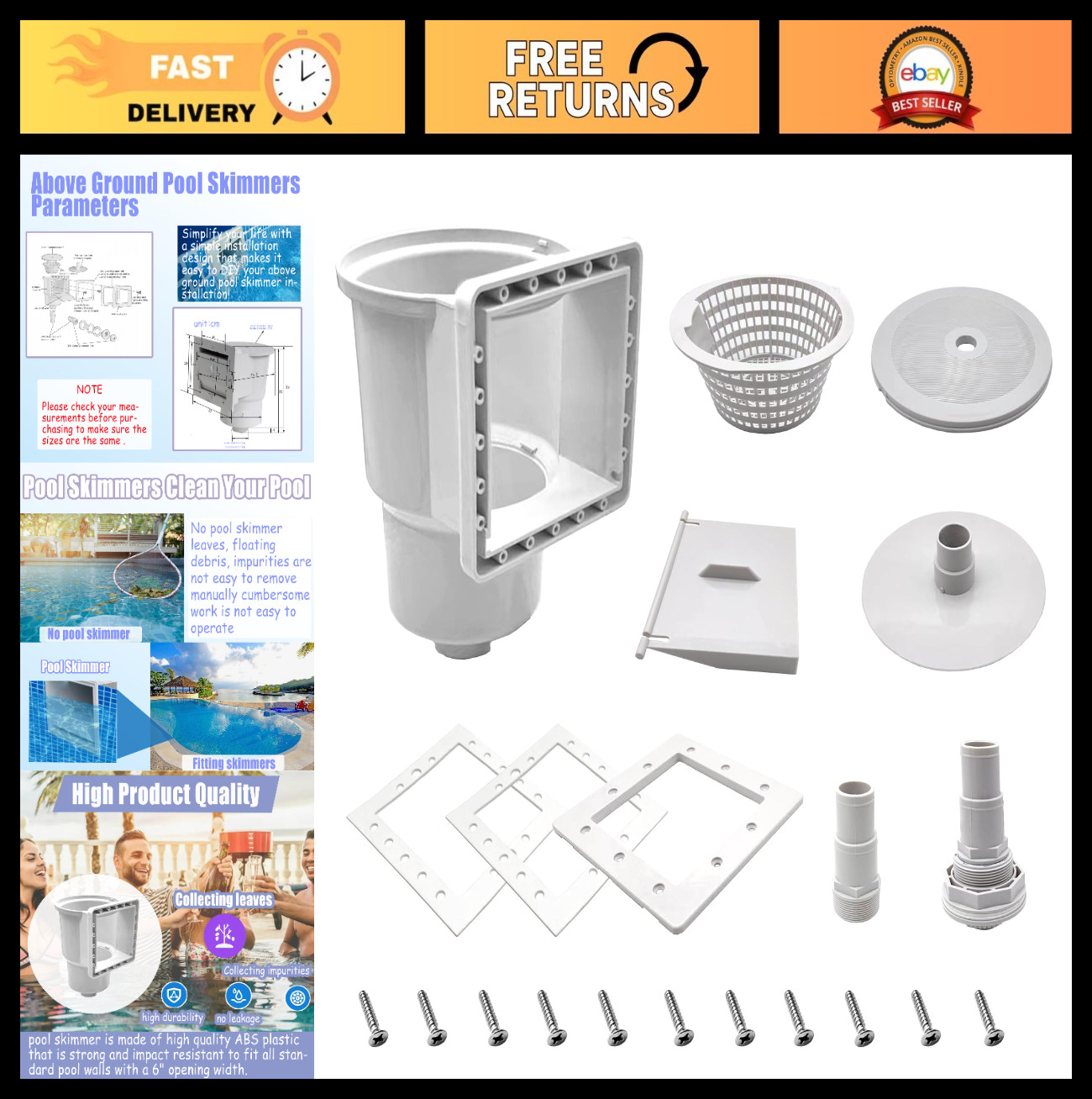 Above Ground Pool Skimmer Thru-Wall, 6&Prime; Opening, Compatible with Standard Pools,