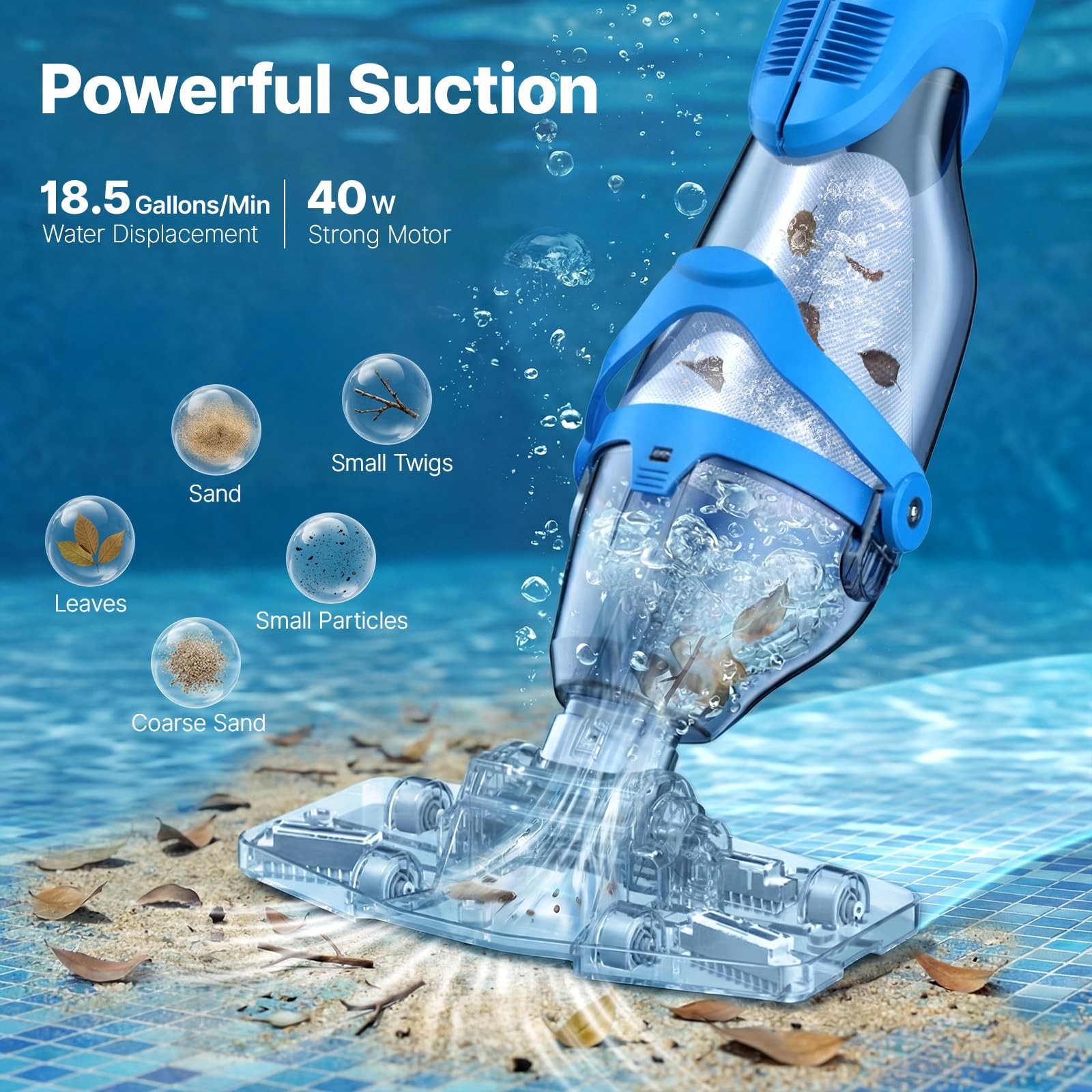 OGERY Pool Vacuum for Above Ground Pool, Up to 18.5GPM Flow & 50KPA WhiteBlue