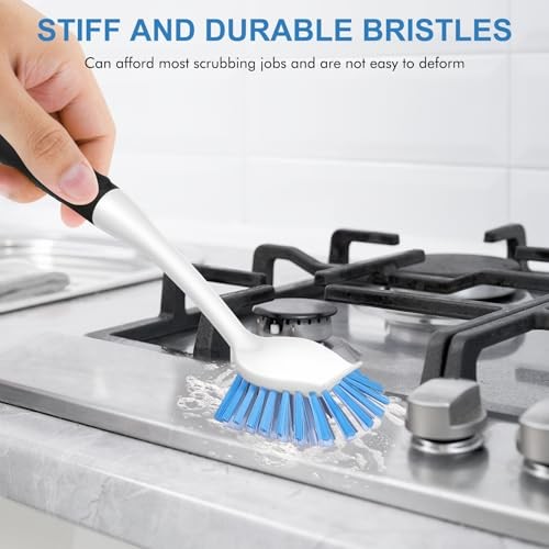 Dish Brush with Handle – 2 Pack Stiff Bristles Dish Scrubber – Black-Blue