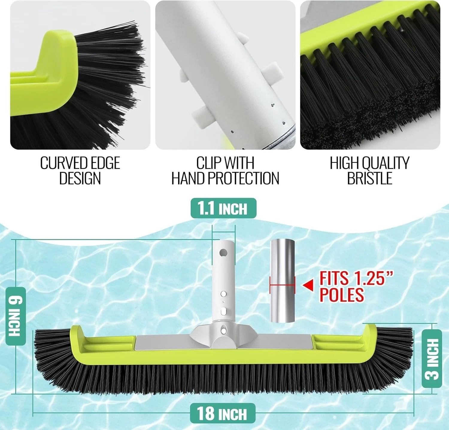 18&Prime; Pool Brush Head for Cleaning Swimming Walls,Curved Ends Scrub Brush Black US