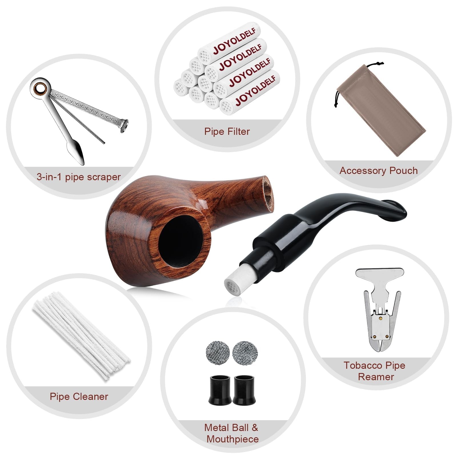 Joyoldelf Smoking Pipe, Wooden Tobacco Pipe with Gift 29 Piece Set, brown