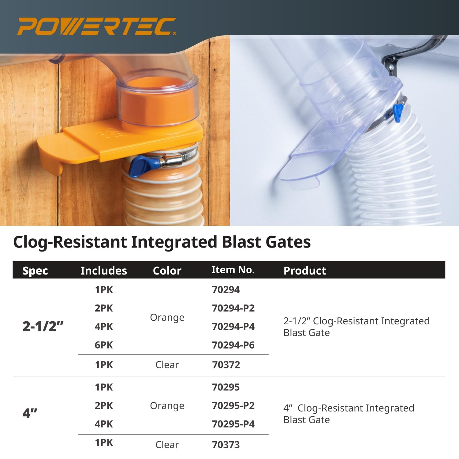 POWERTEC 70294-P6 2-1/2&Prime; Blast Gate 6-Pack Anti-Clog ABS Plastic Dust Collect