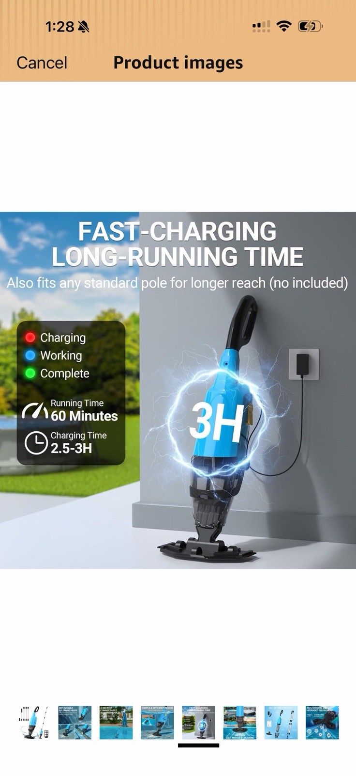 aaculpet Cordless Pool Vacuum 60 Min w/ Extension Pole & Filter Blue/Black
