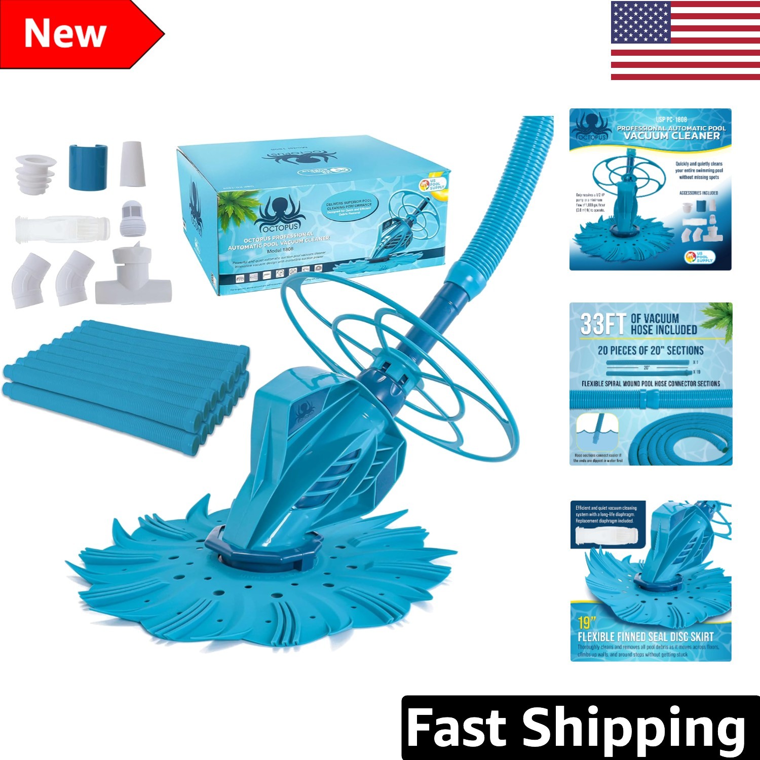 Deluxe Octopus Suction Pool Cleaner – Quiet Automatic Vacuum for Inground Pools
