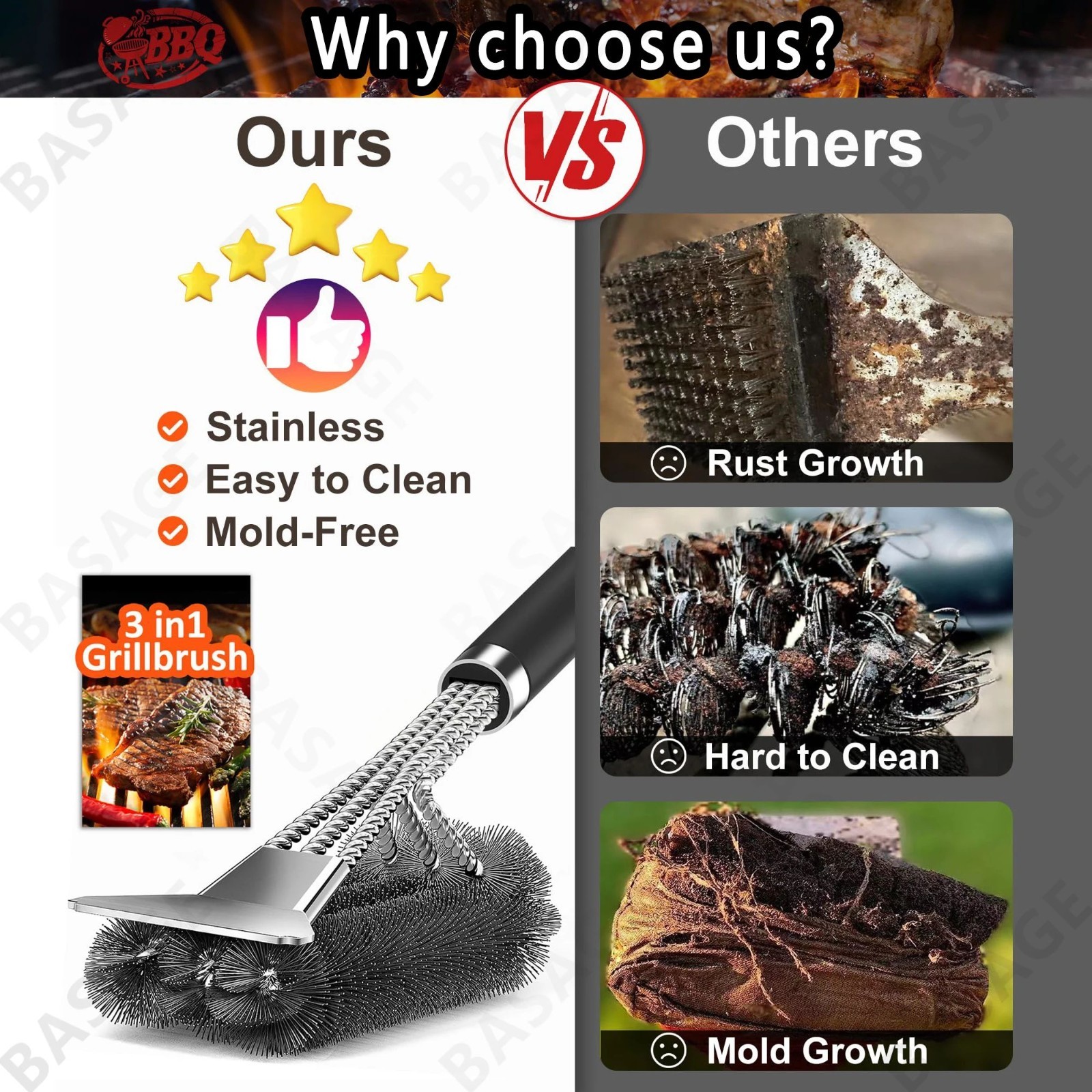 Bristle-Free BBQ Grill Brush Safe Rust-Resistant Stainless Steel Cleaner Tool